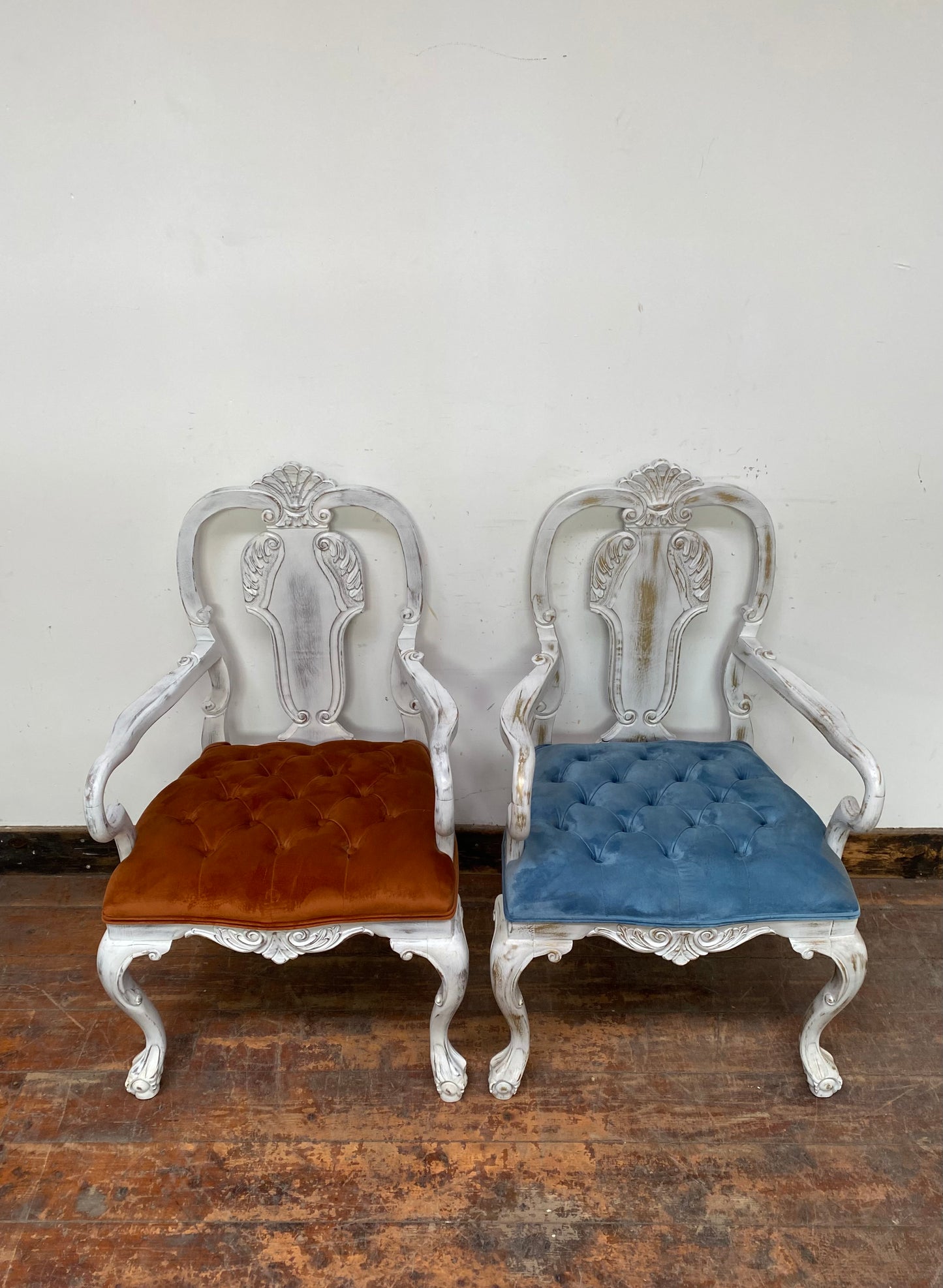 Pair of white shabby chic chairs blue and orange