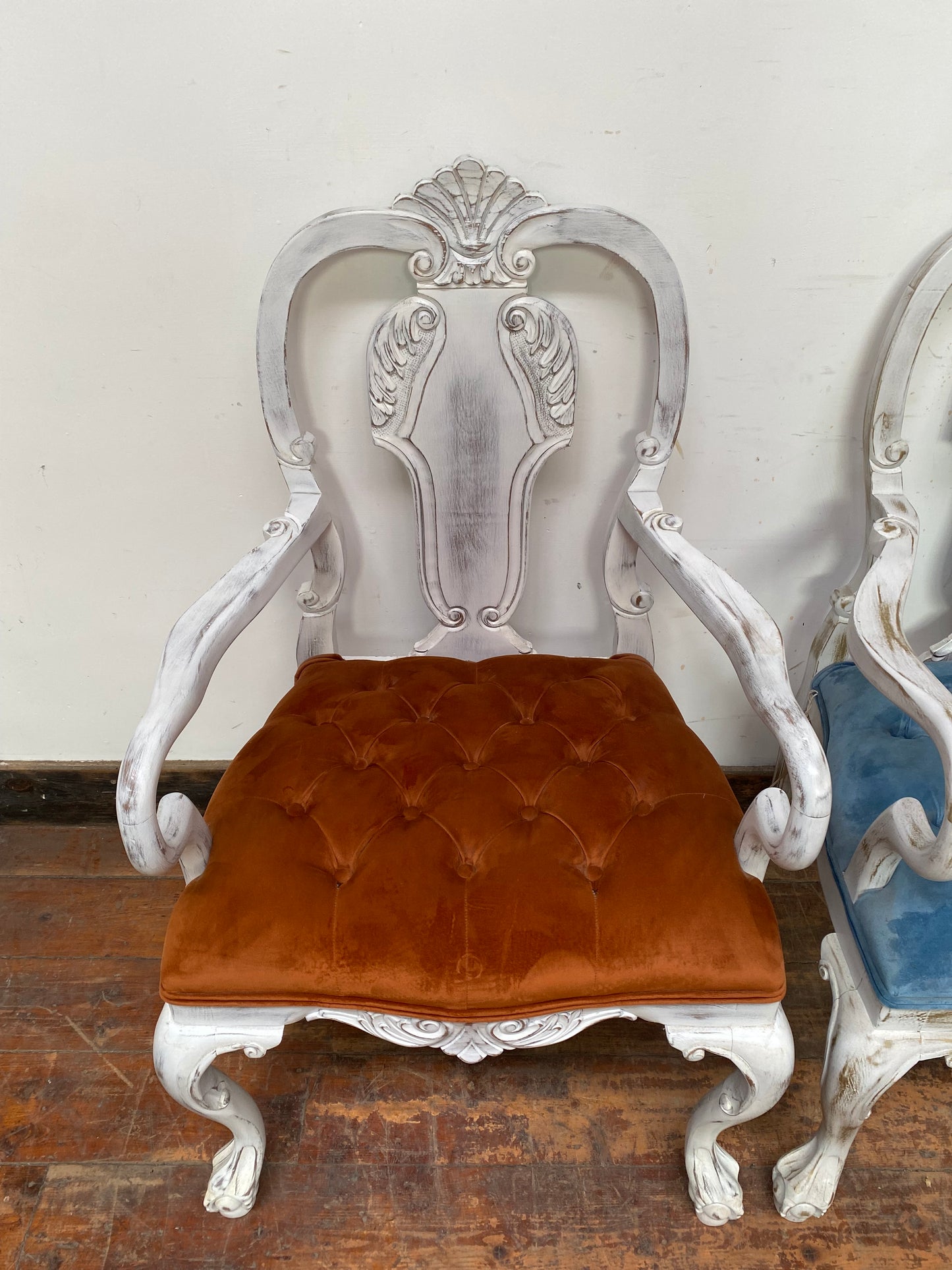 Pair of white shabby chic chairs blue and orange