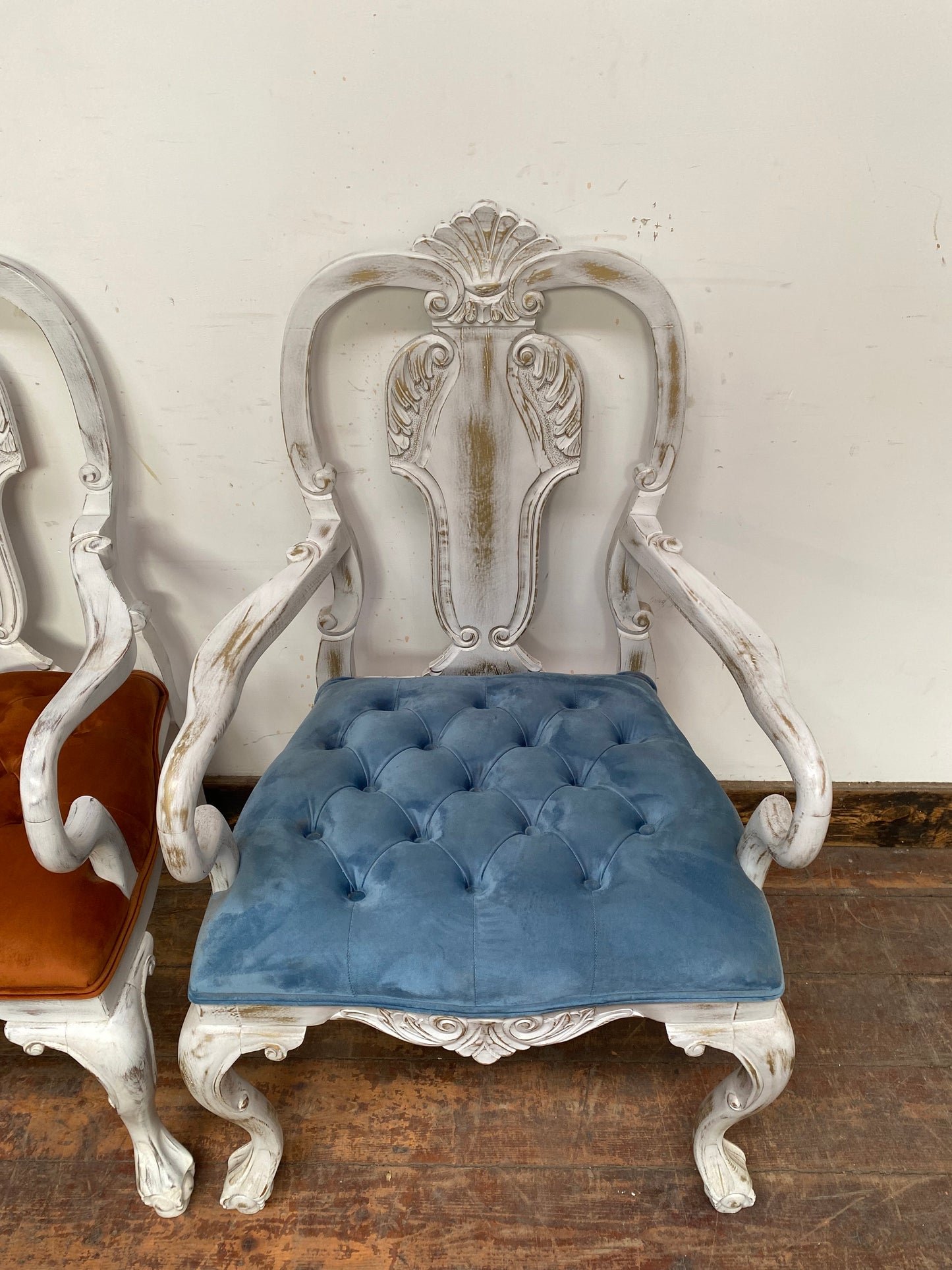 Pair of white shabby chic chairs blue and orange