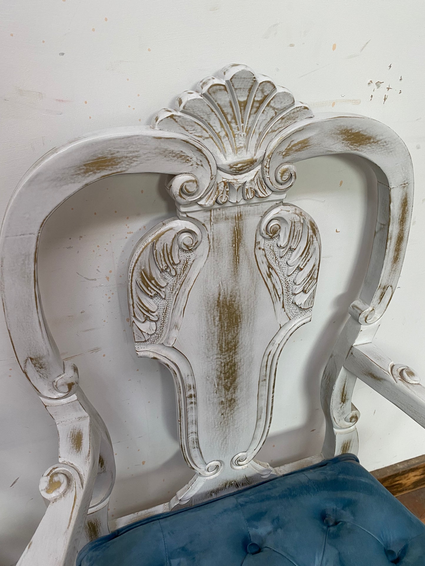 Pair of white shabby chic chairs blue and orange