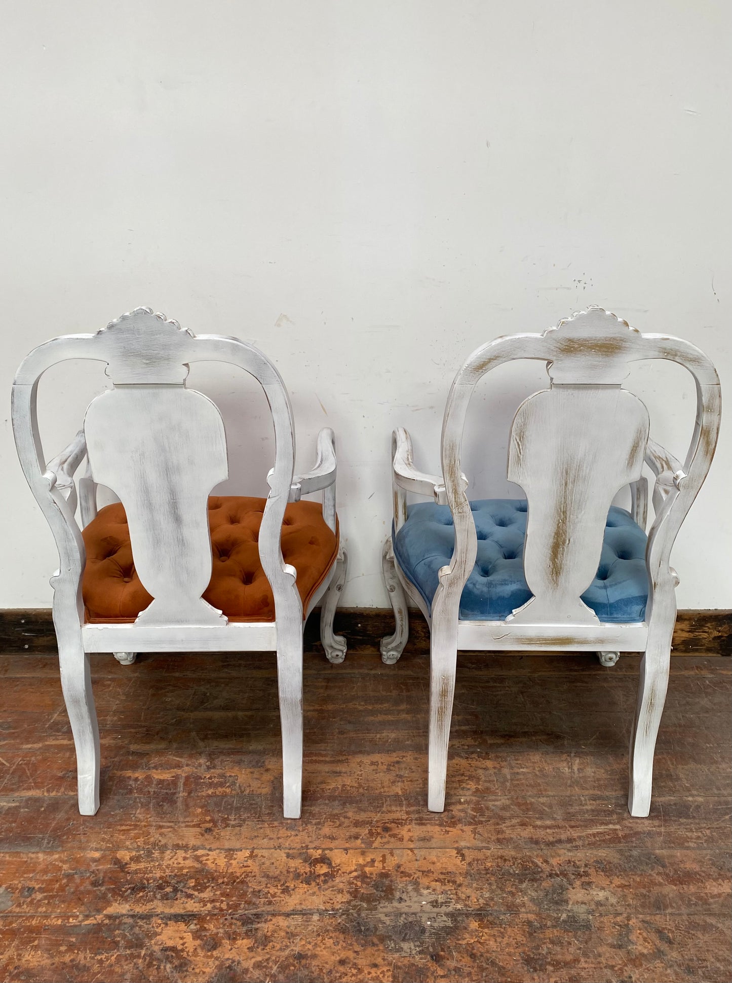 Pair of white shabby chic chairs blue and orange