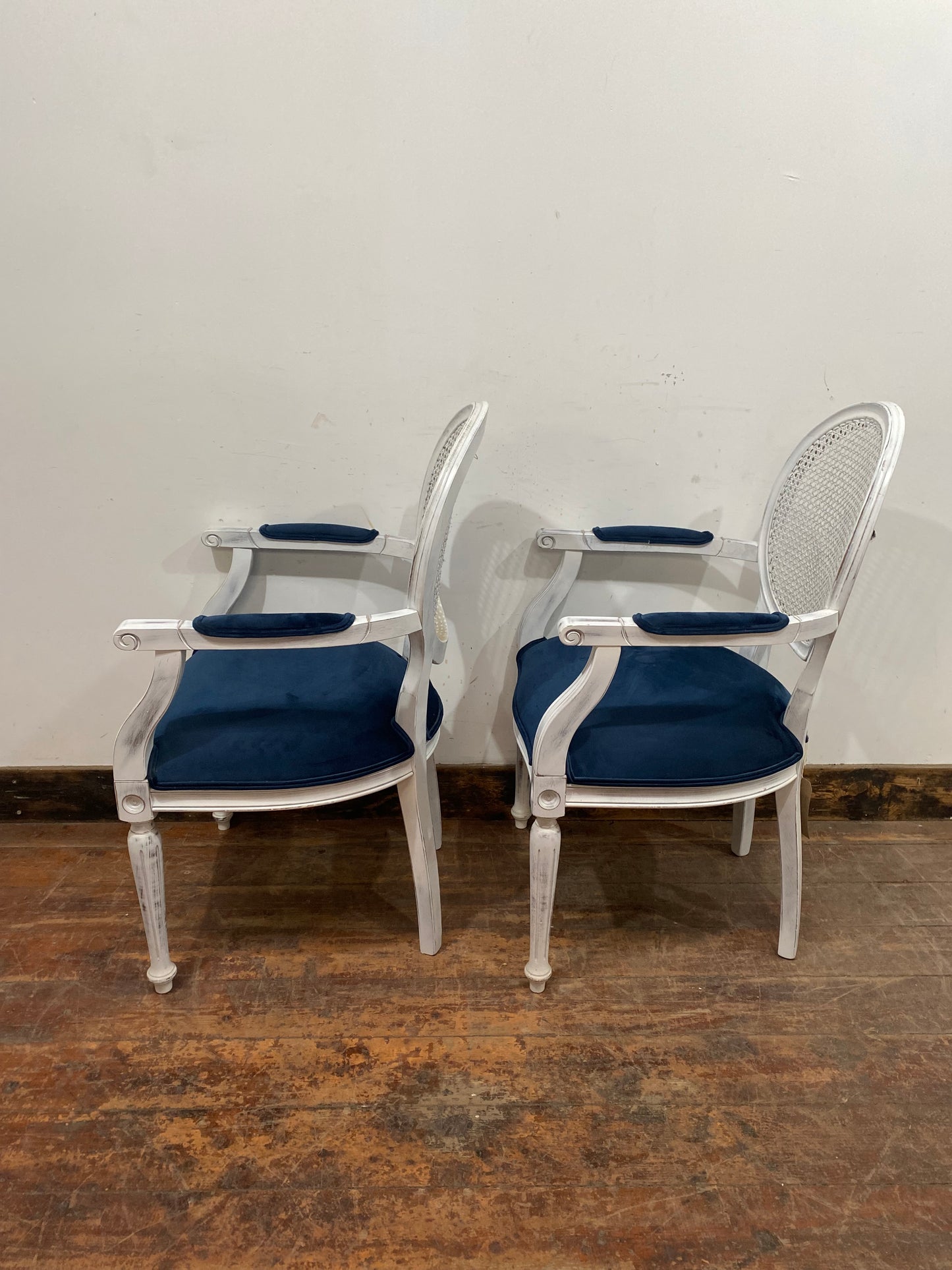 Pair of white shabby chic chairs with blue seats