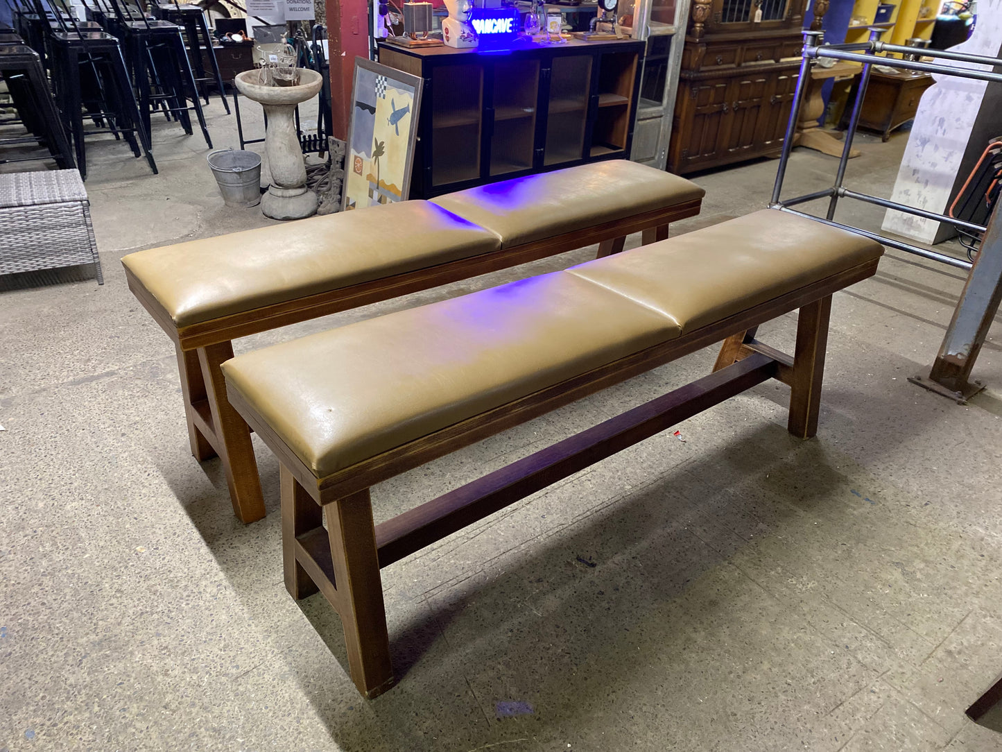 Matching pair of leather-effect long benches