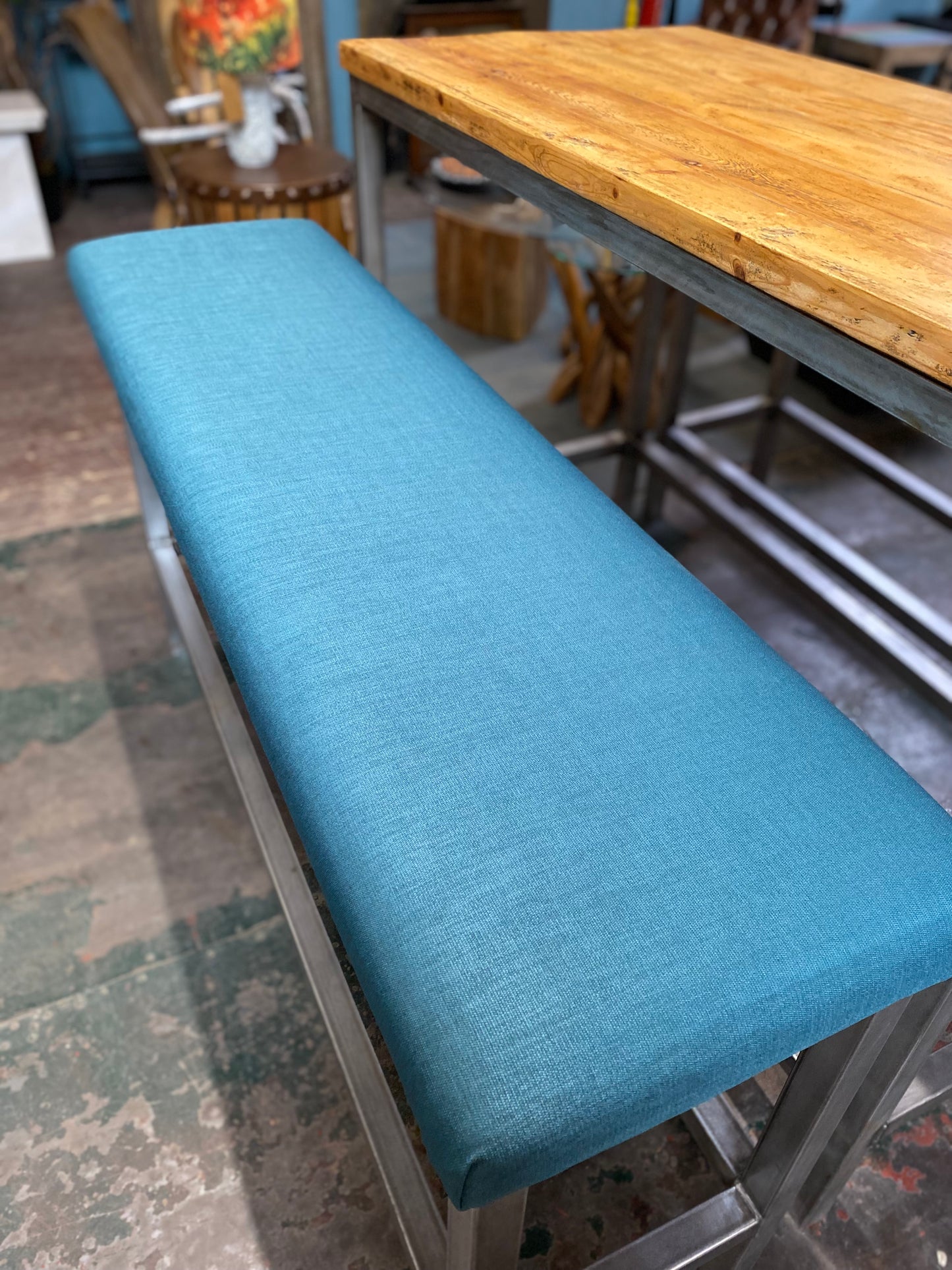Industrial metal framed poseur table and benches