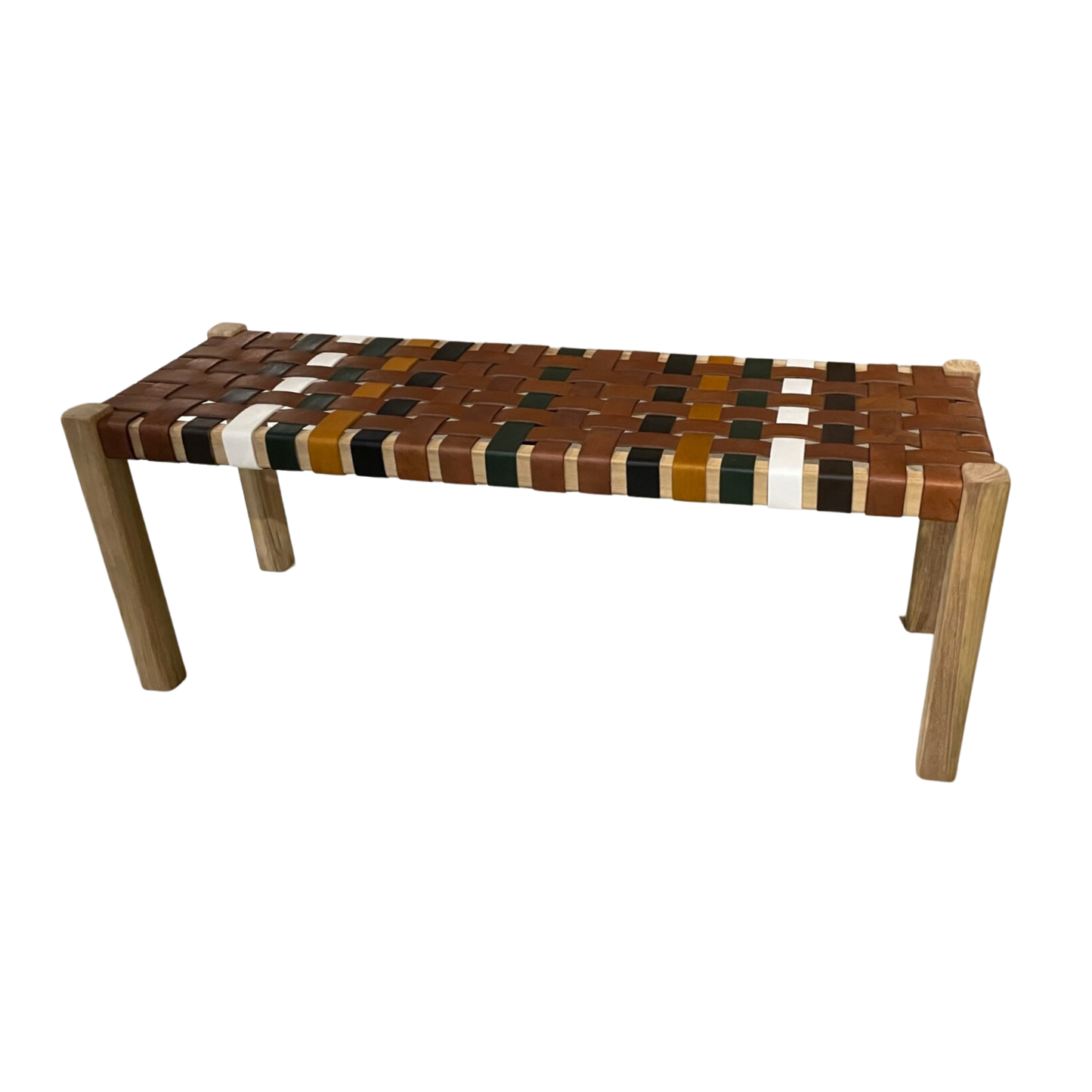 Teak bench with striped leather seat