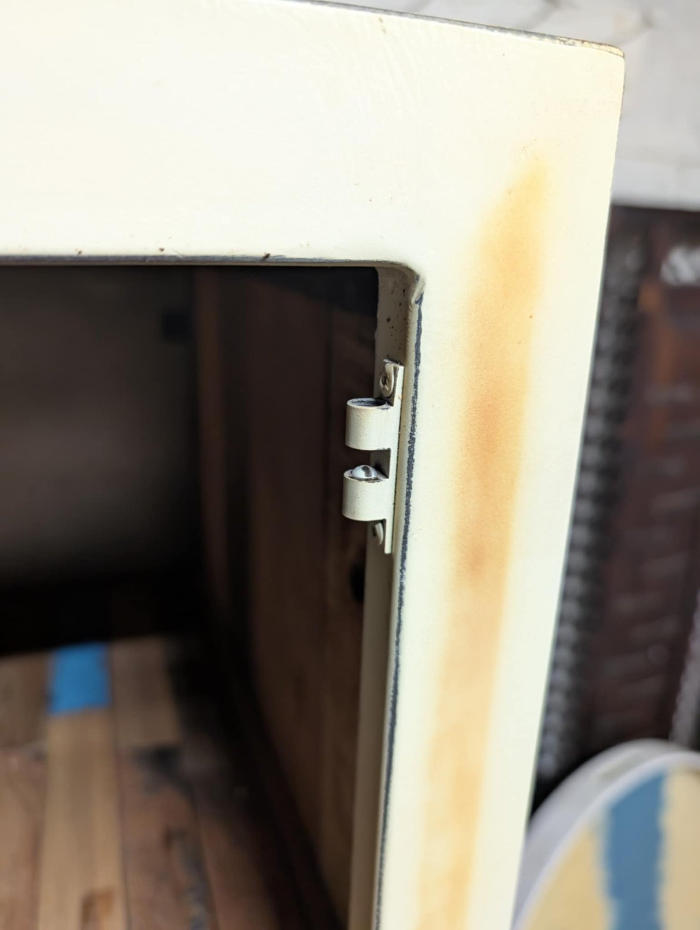 White Glass-Fronted Cabinet / Drawers with Boatwood Panels and Metal Frame