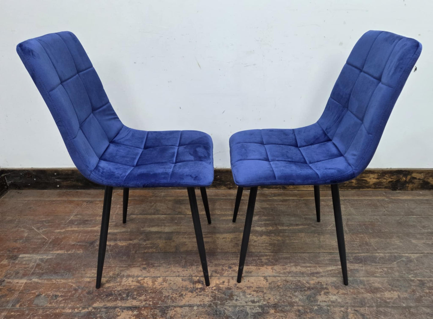 Pair of Blue Velveteen Dining Chairs with Black Metal Bases and Block Stitching