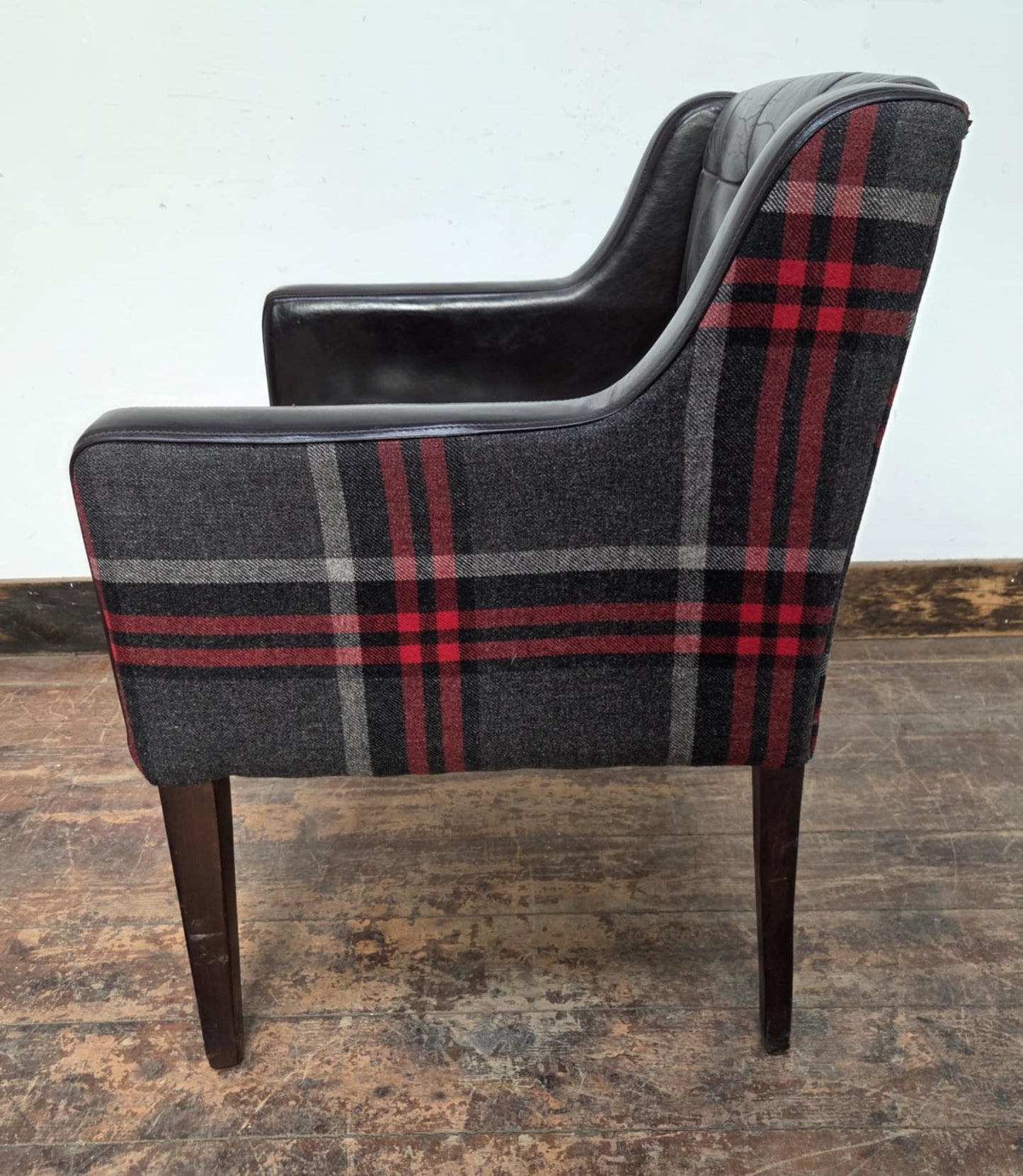 Square Black Faux Leather Tub Chair with Red Tartan Sides and Back