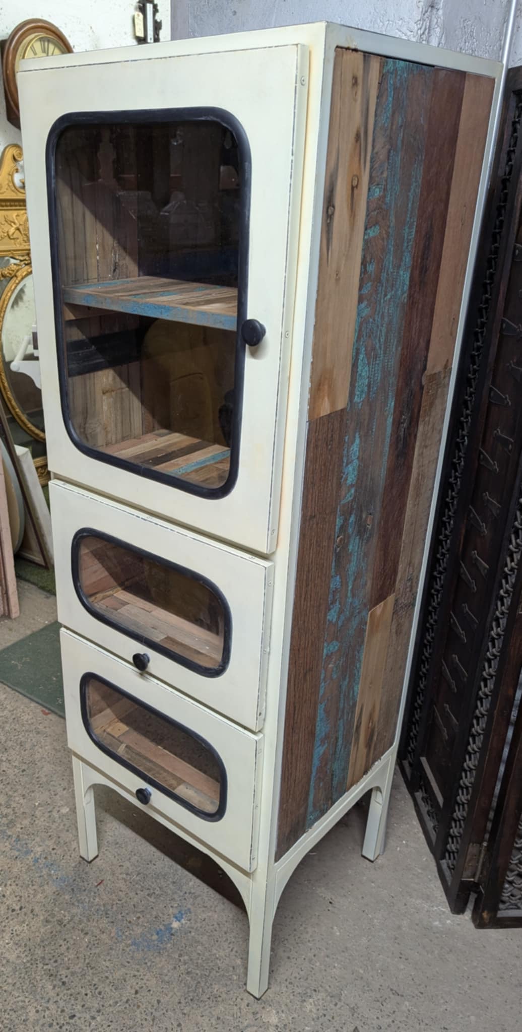 White Glass-Fronted Cabinet / Drawers with Boatwood Panels and Metal Frame