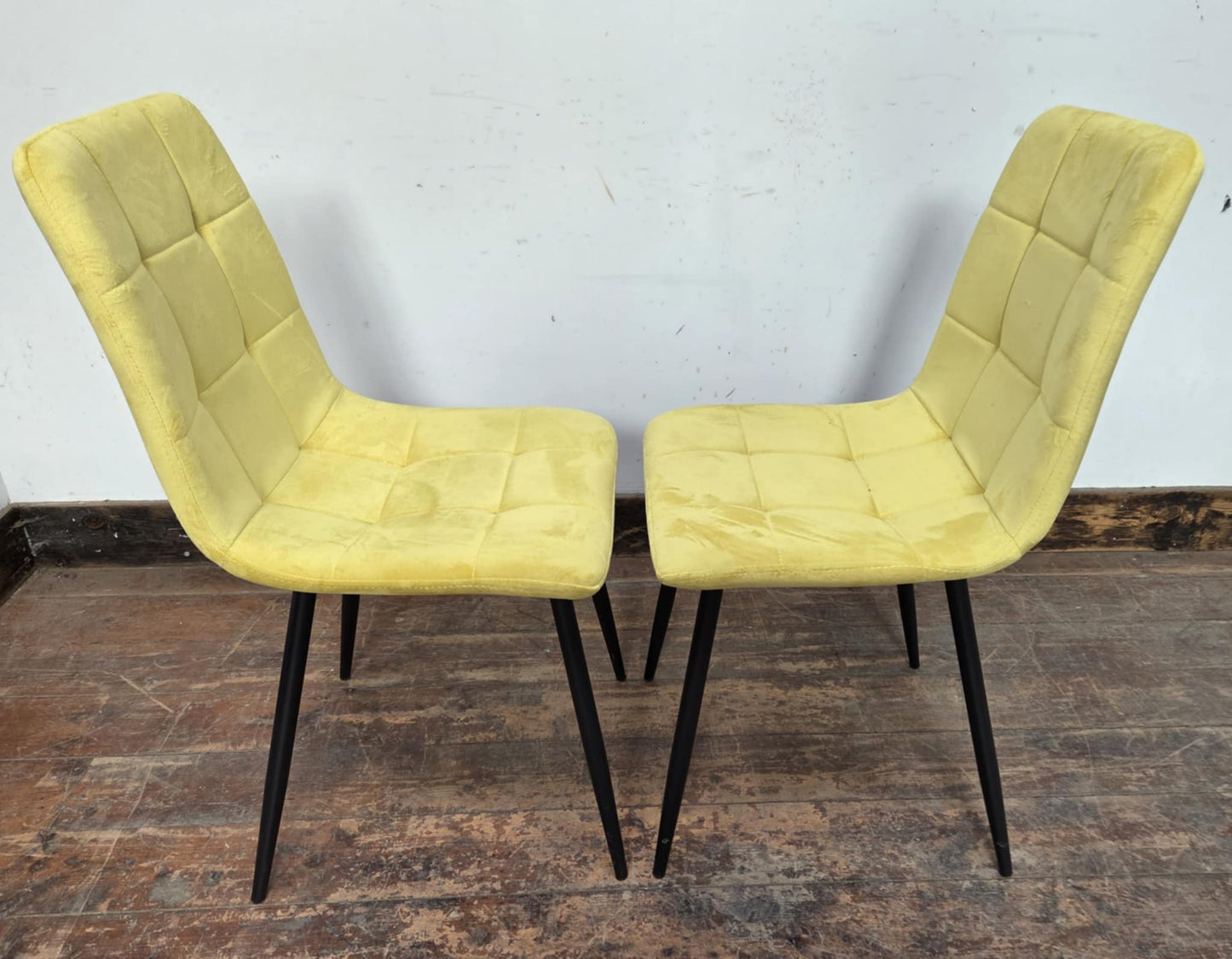Pair of Yellow Velveteen Dining Chairs with Black Metal Bases and Block Stitching