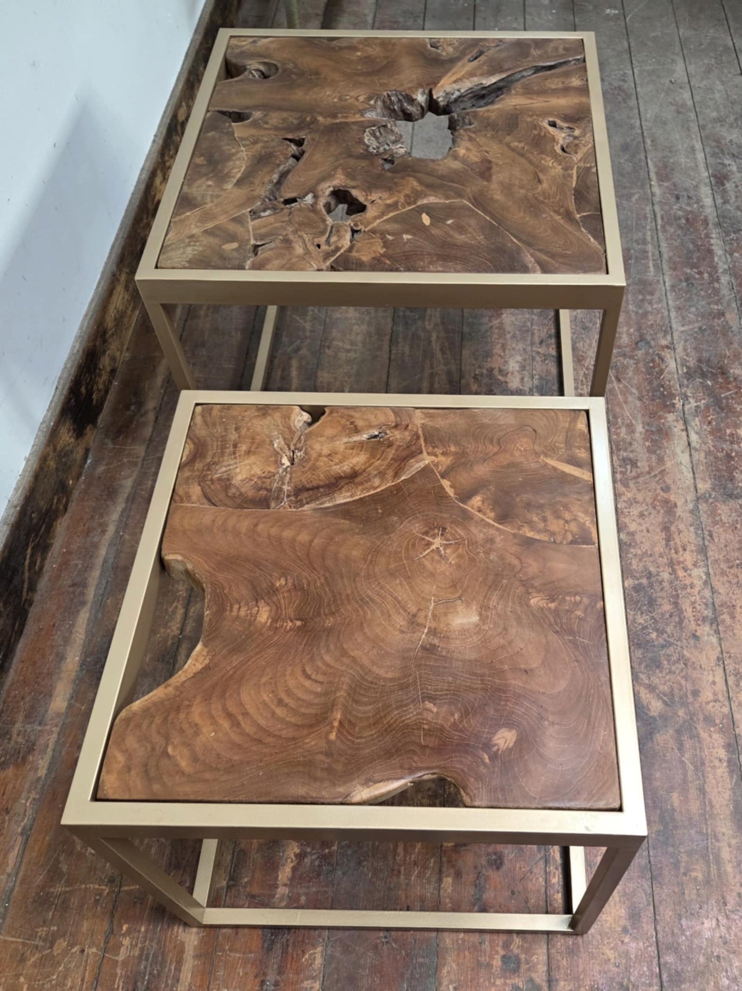 Pair of Square, Metal Frame Coffee Tables with Raw Wood Tops and Natural Holes