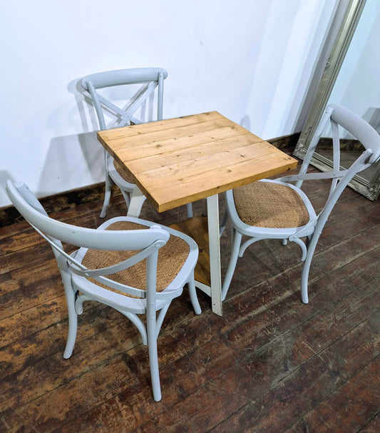 Set of Three White Bentwood Chairs and Triangular Base Wooden Table