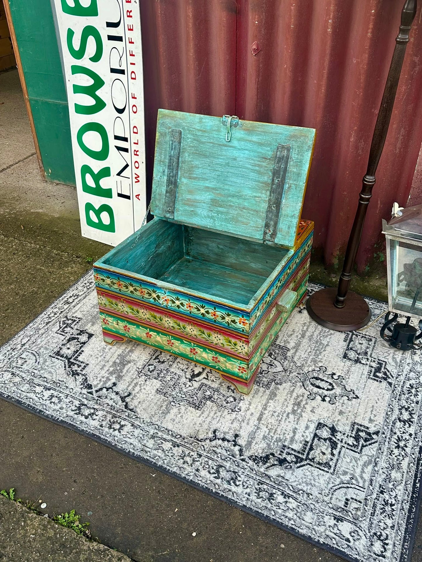 Colourful Painted Wooden Storage Chest Coffee Table with Side Handles