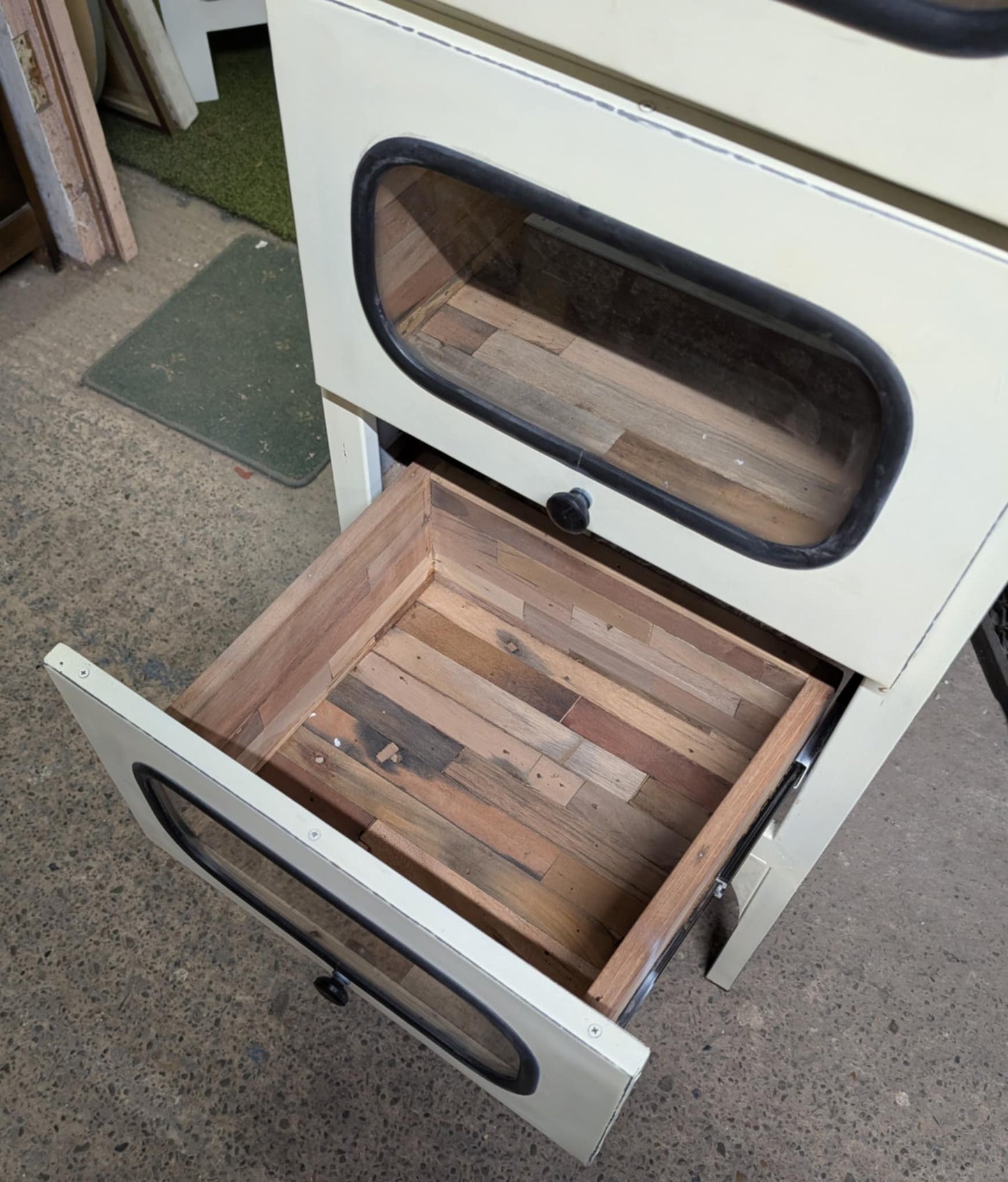 White Glass-Fronted Cabinet / Drawers with Boatwood Panels and Metal Frame