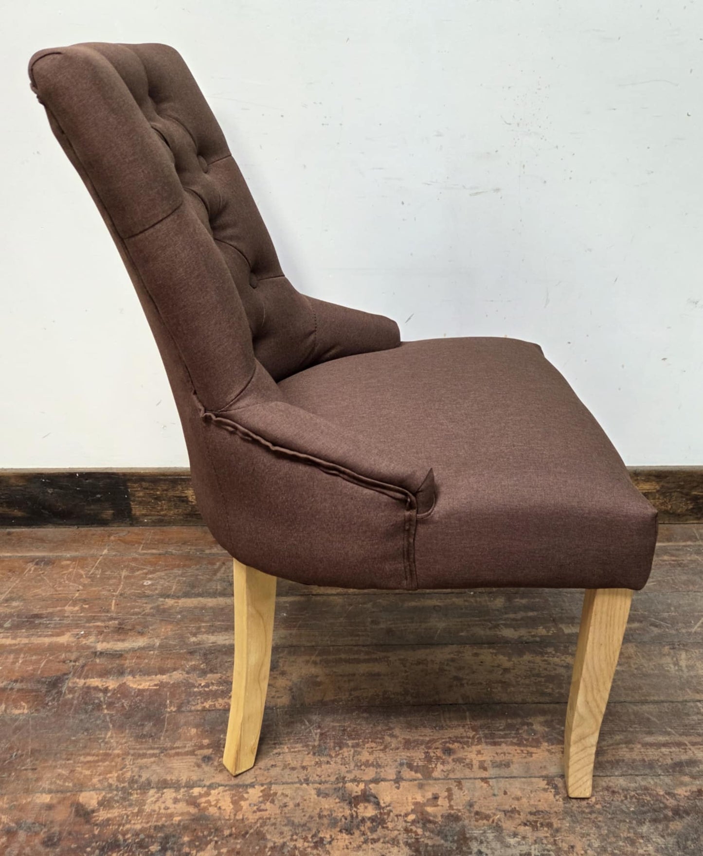 Brown-Red Linen Fabric Dining Chair with Light Wood Legs