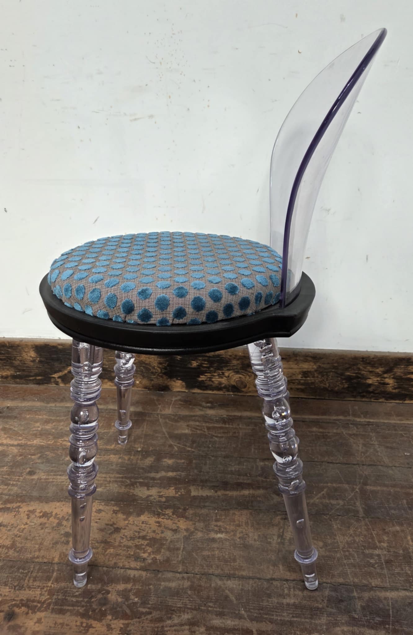 Set of Four Clear Plastic Spoonback Chairs with Blue Spotted Upholstered Seats