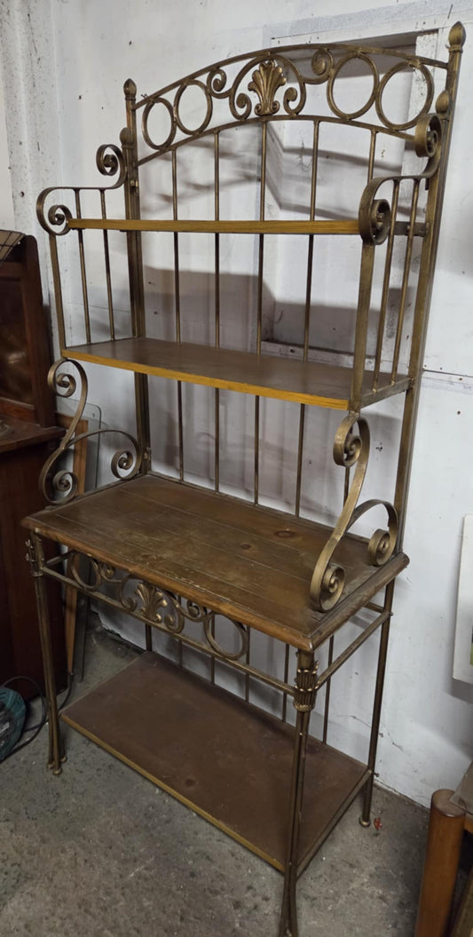 Gold-Painted Steel Shelving Unit with Wooden Shelves
