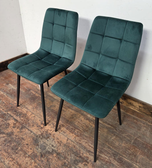 Pair of Green Velveteen Dining Chairs with Black Metal Bases and Block Stitching