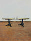 Pair of Marble Effect Bistro Tables with Ornate Black Cast Iron Bases Gold Trim