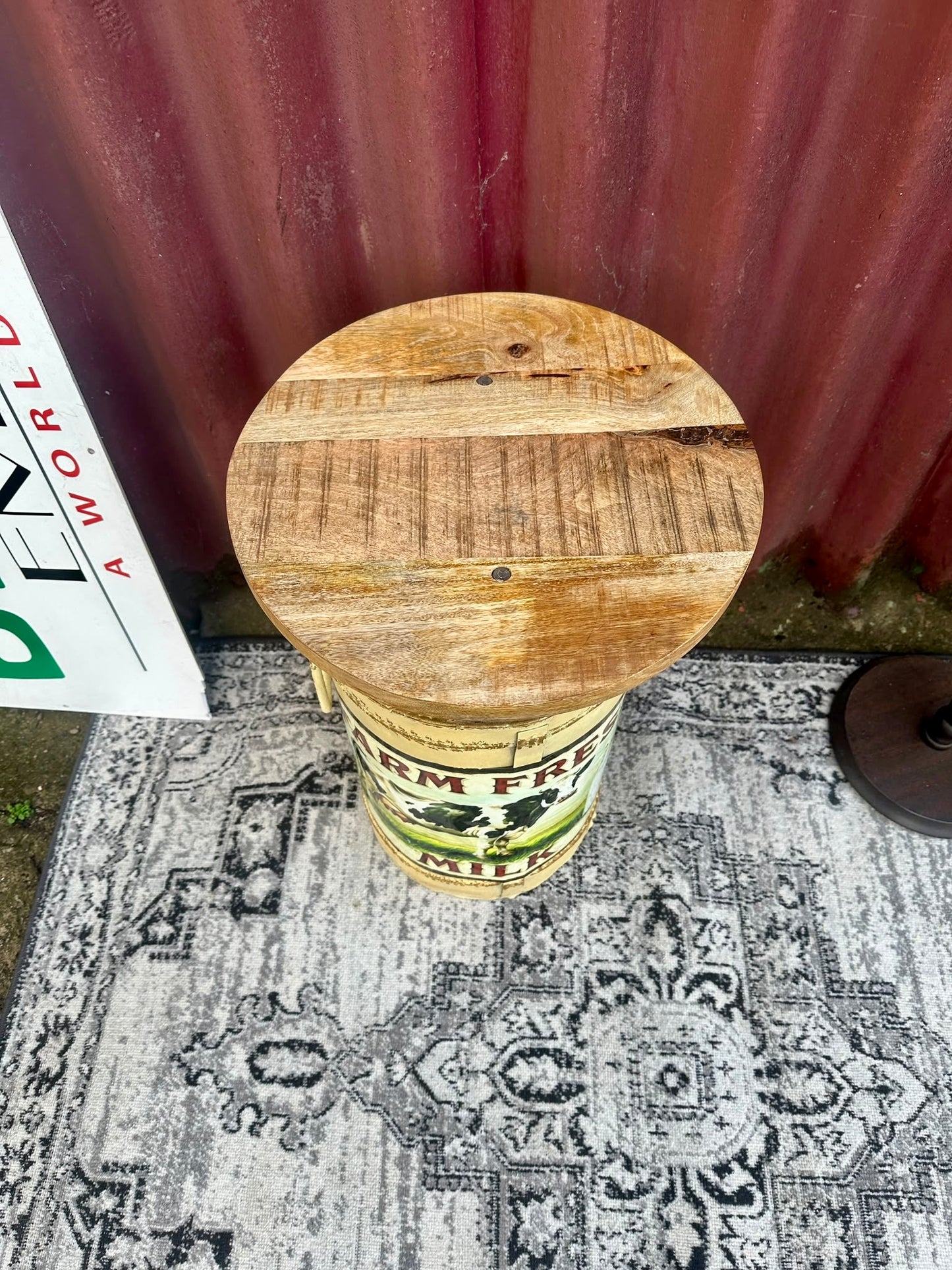 Farm Fresh Milk Decorative Side Table with Wooden Top Rustic Farmhouse Style