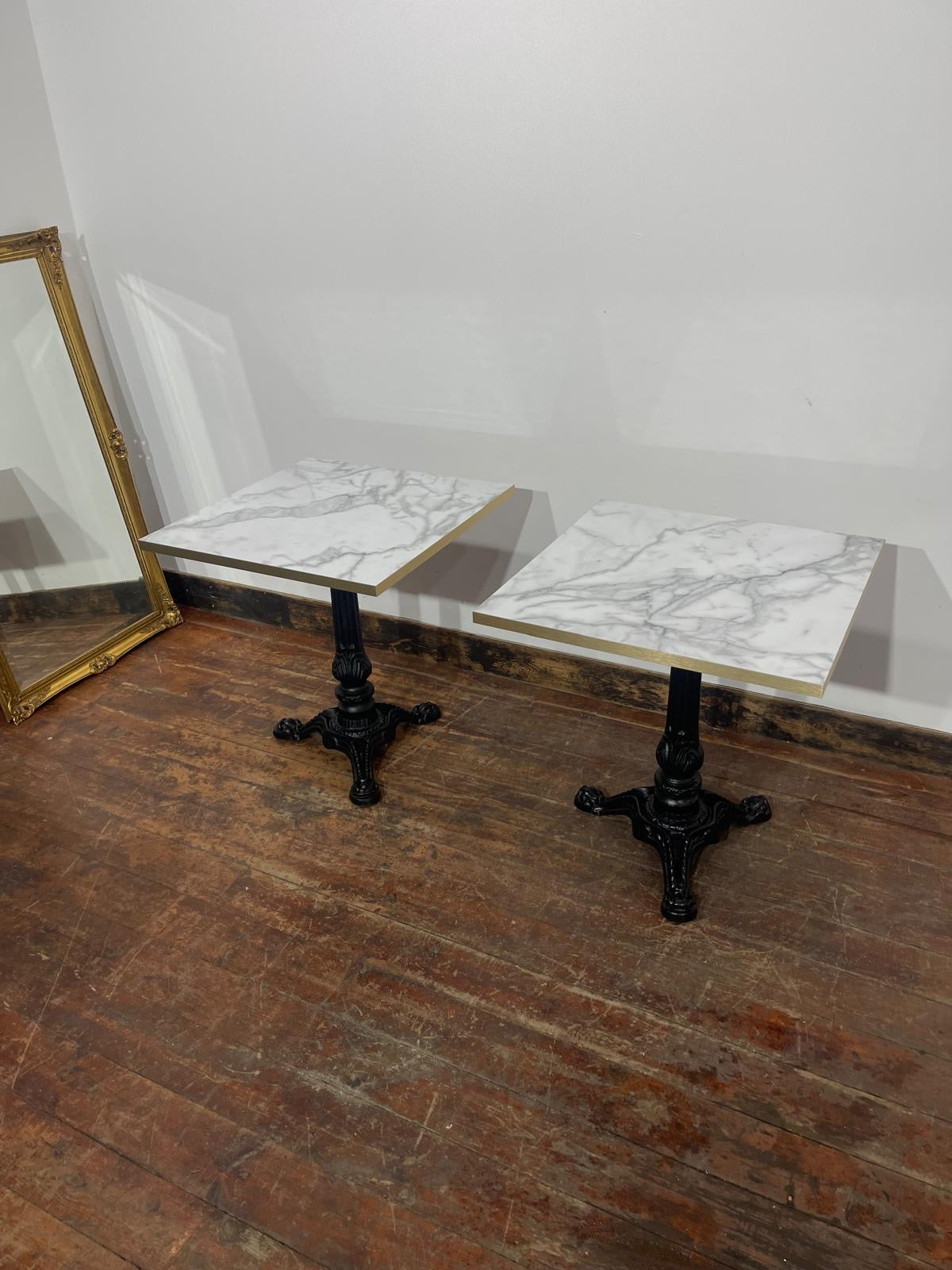 Pair of Marble Effect Bistro Tables with Ornate Black Cast Iron Bases Gold Trim
