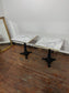 Pair of Marble Effect Bistro Tables with Ornate Black Cast Iron Bases Gold Trim