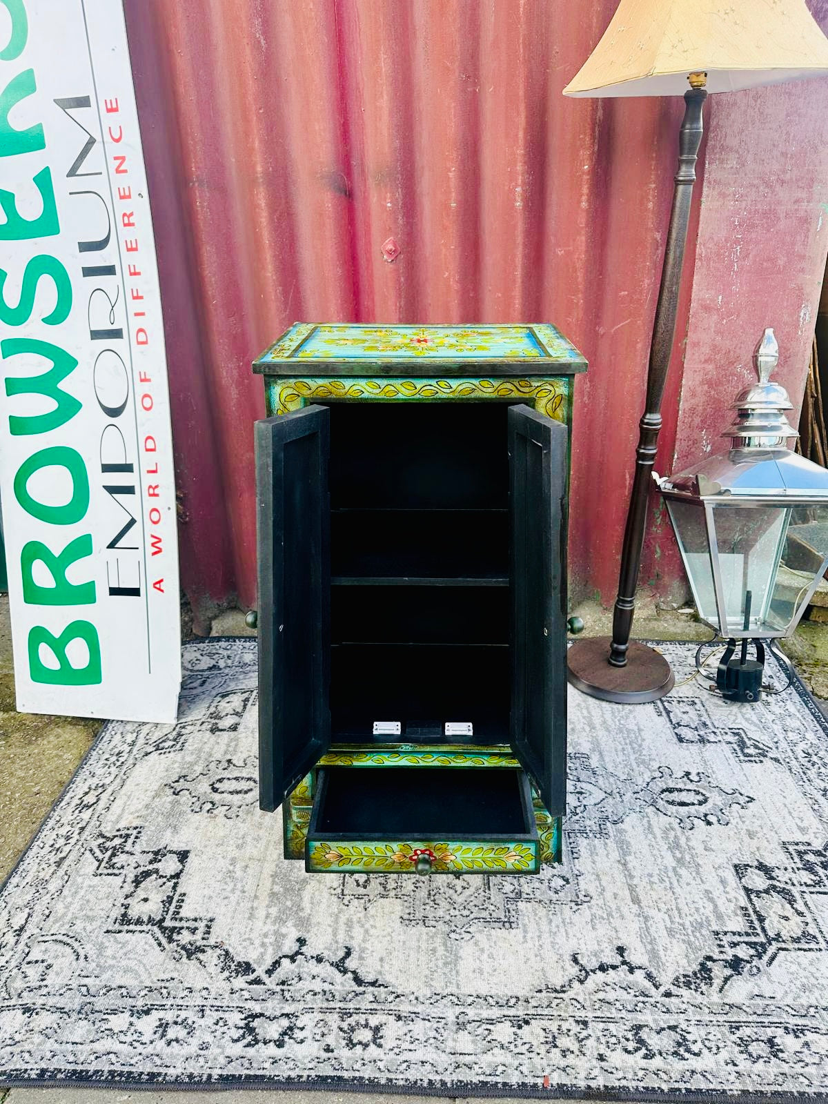 Hand Painted Floral Wooden Bedside Cabinet with Drawer and Double Doors