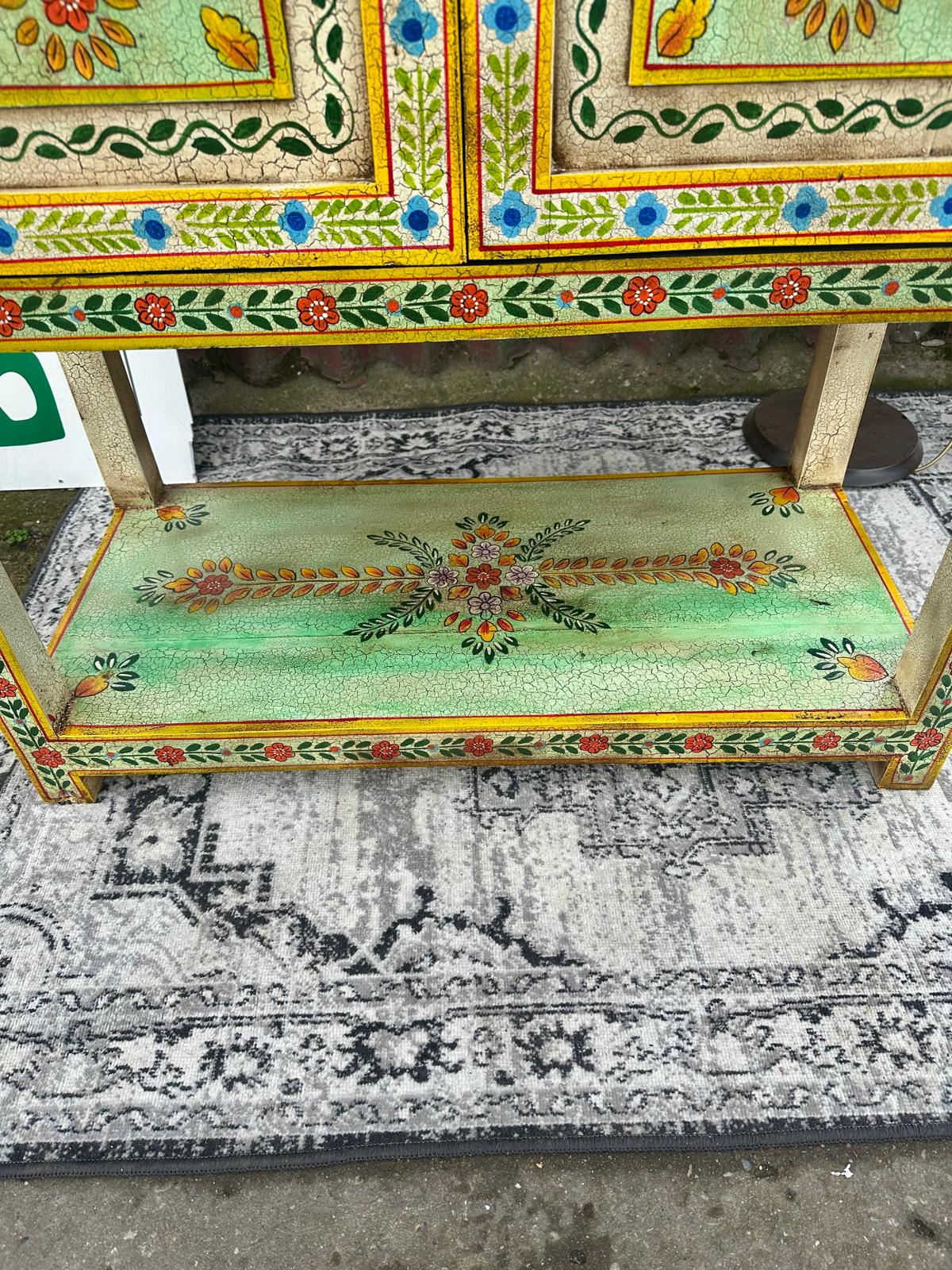 Hand Painted Floral Wooden Cabinet with Double Doors and Display Shelf