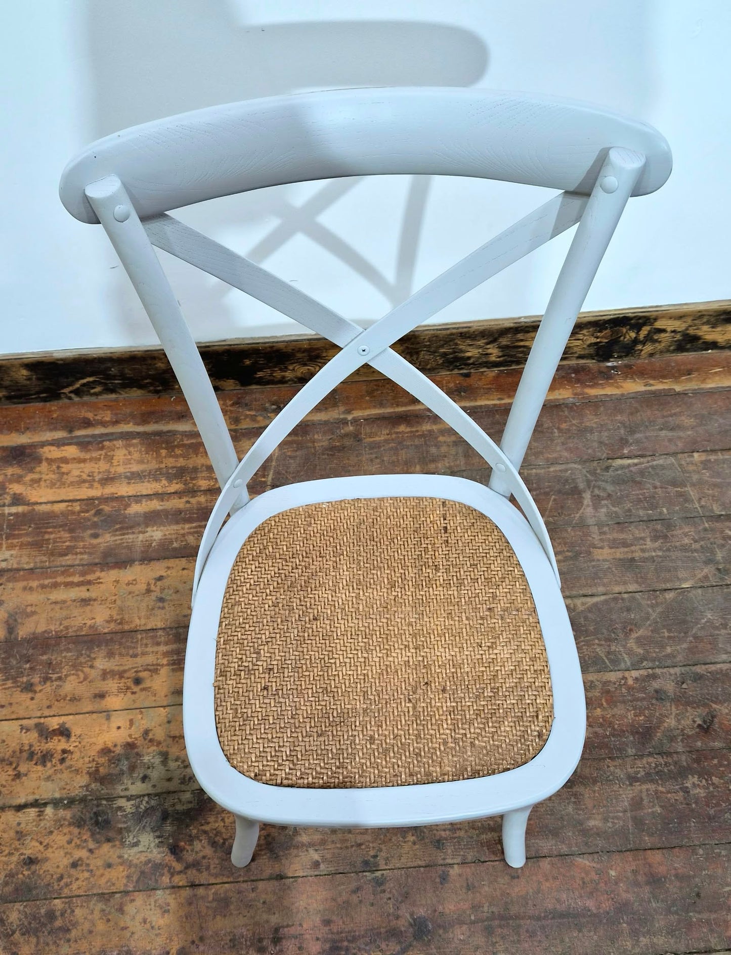 Set of Three White Bentwood Chairs and Triangular Base Wooden Table