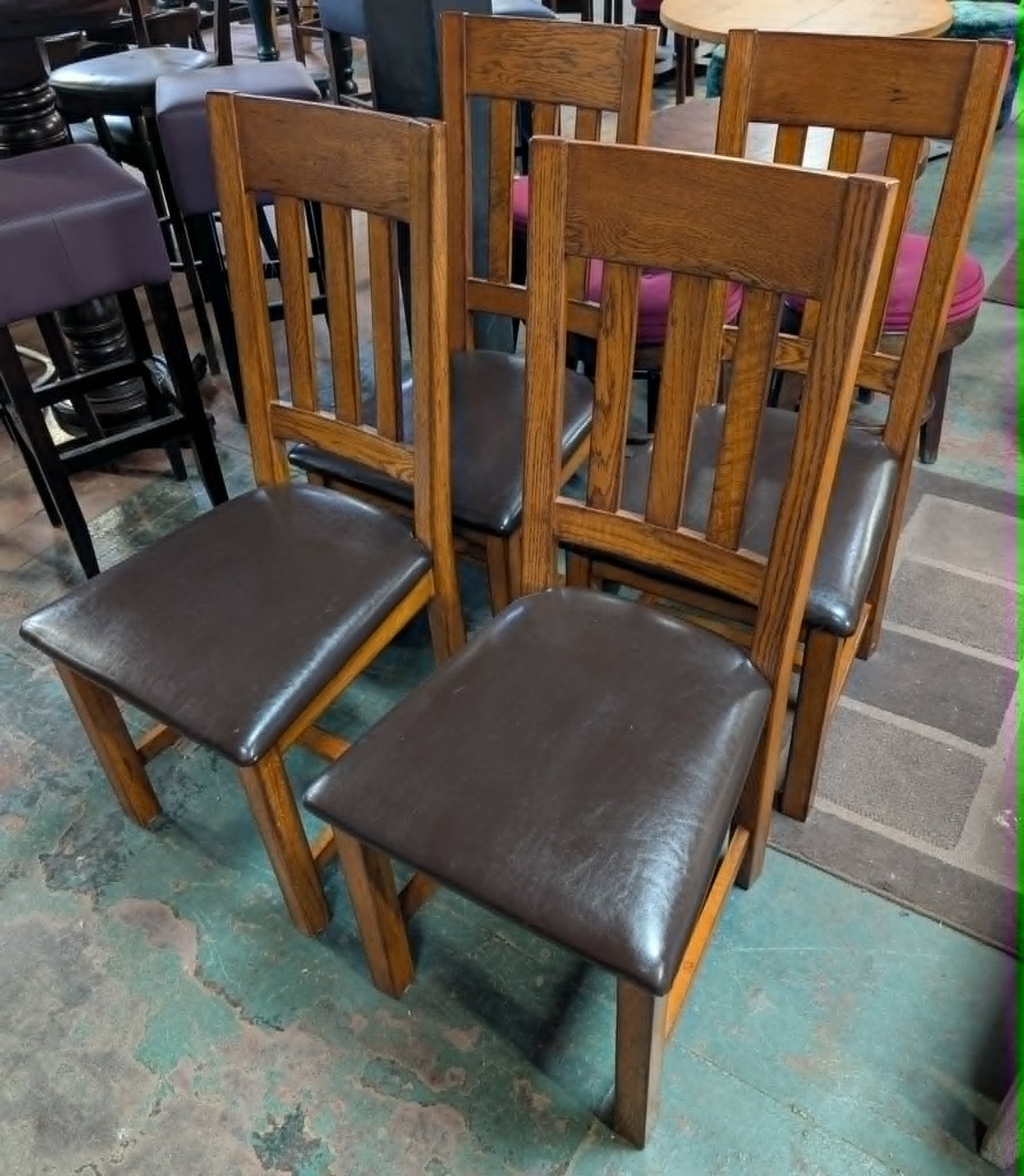 Set of Four Dining / Pub Chairs / Black Leather Seats