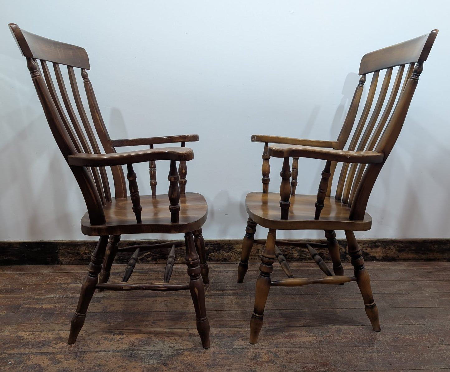 Pair of Solid Wooden Windsor Armchairs Farmhouse Kitchen Dining Chairs