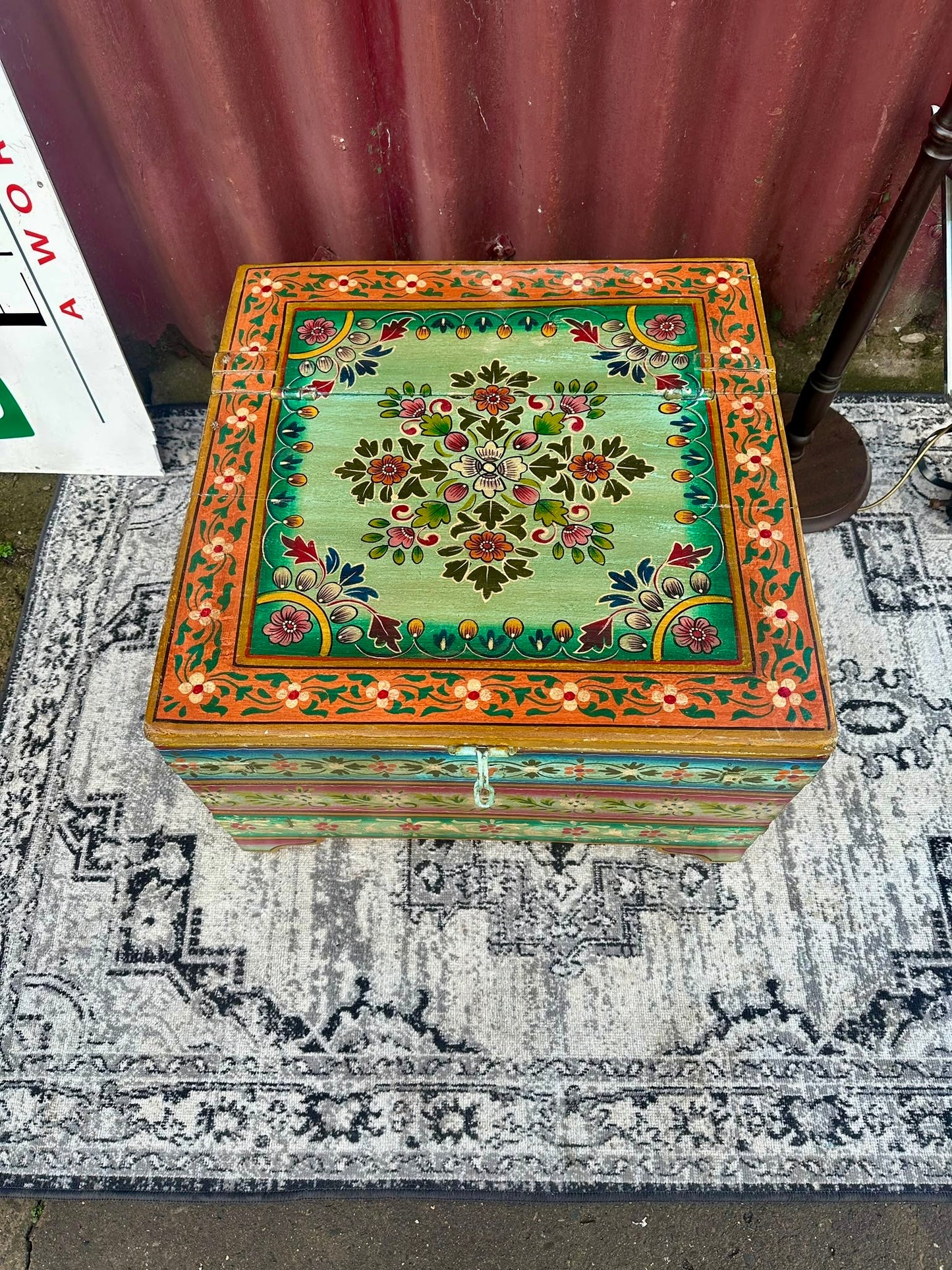 Colourful Painted Wooden Storage Chest Coffee Table with Side Handles
