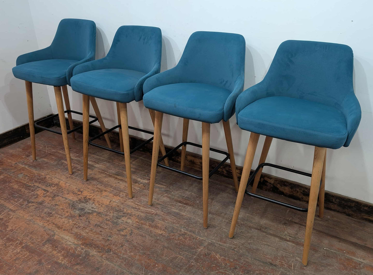 Set of 4 teal suede-like fabric bar stools for cafe / pub / restaurant