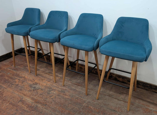 Set of 4 teal suede-like fabric bar stools for cafe / pub / restaurant