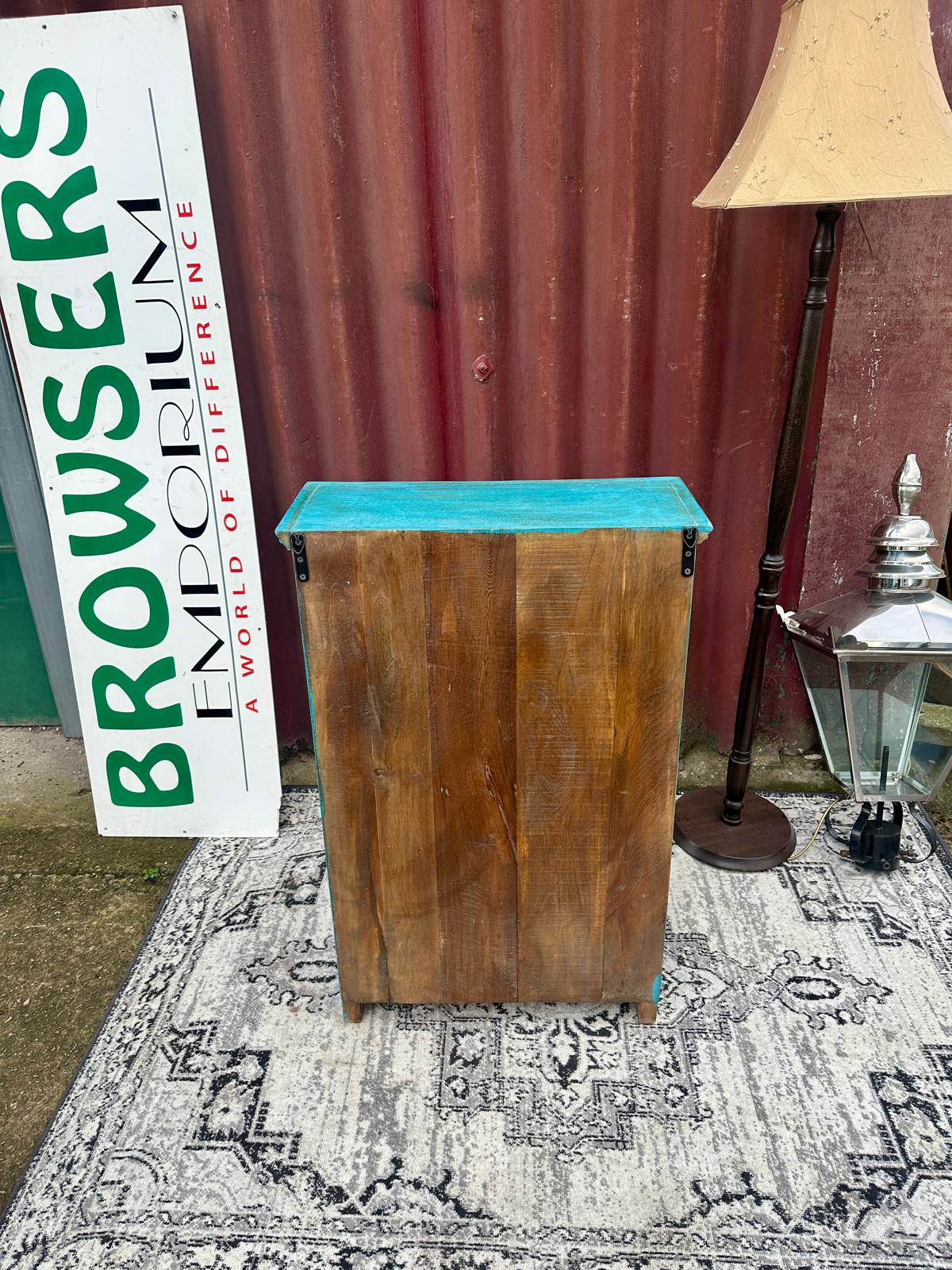 Turquoise Painted Glass Display Cabinet Wooden Shelves Rustic Boho Storage Unit