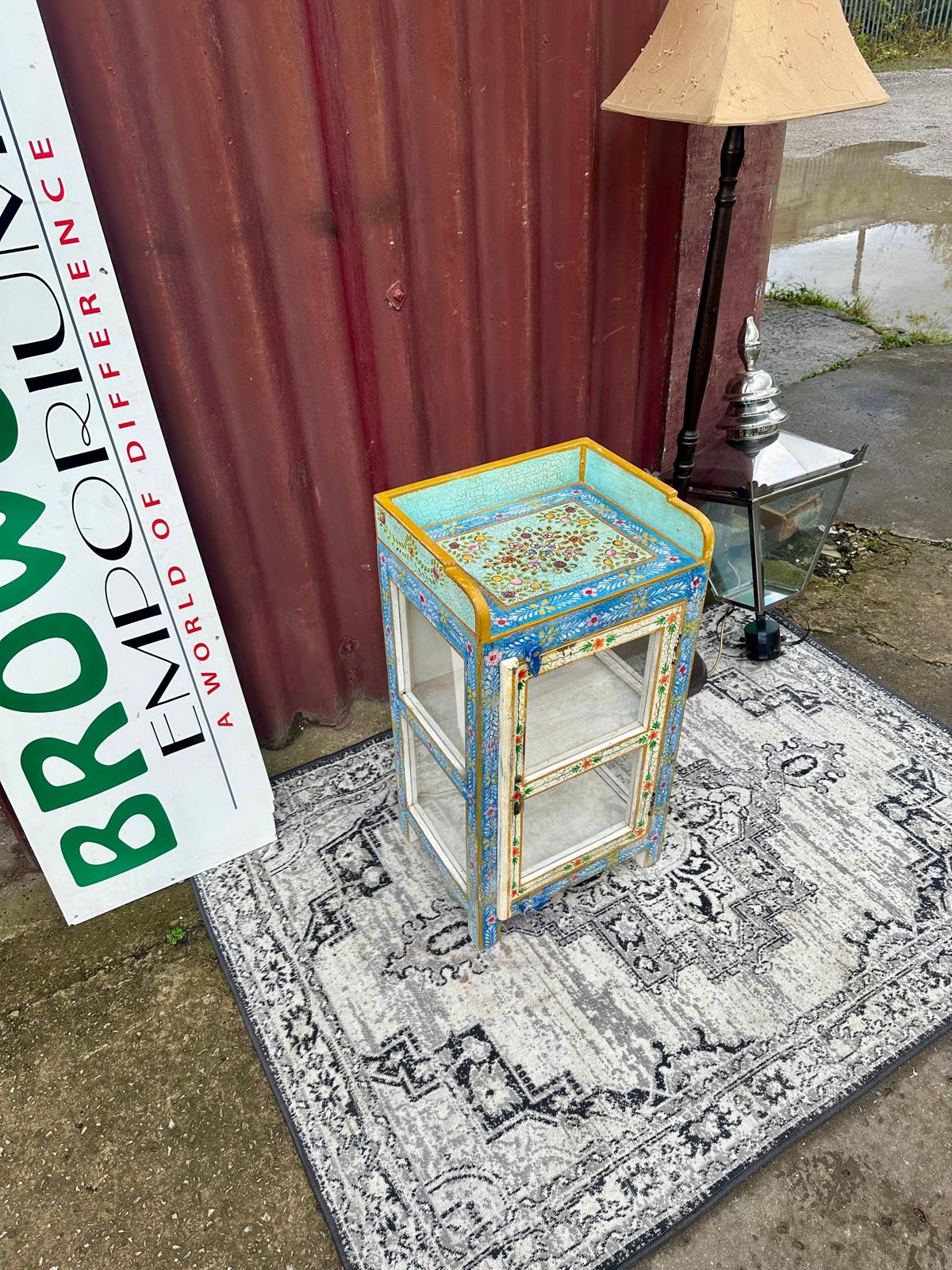 Colourful Painted Glass Display Cabinet Turquoise Blue Floral Storage Unit