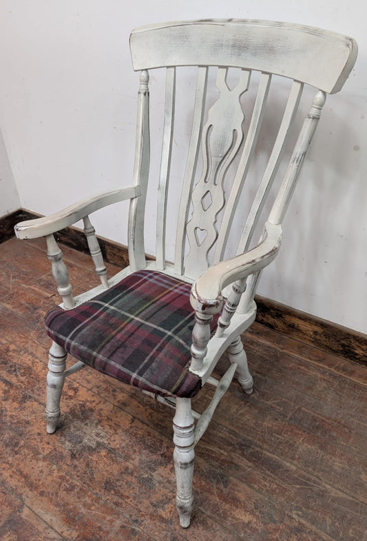 White High Back Distressed Wooden Armchair with Upholstered Seat