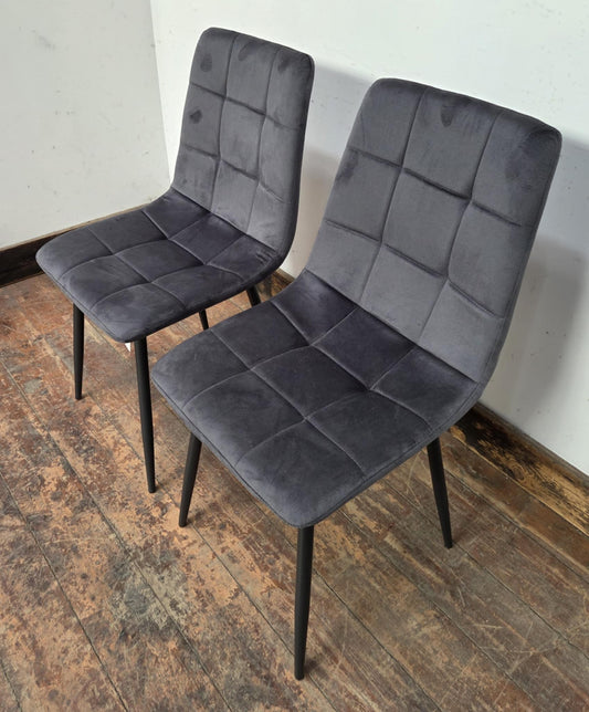 Pair of Grey Velveteen Dining Chairs with Black Metal Bases and Block Stitching