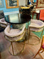 Round Black Pedestal Table & 4 Pink Velvet Gold Frame Bar Stools Set