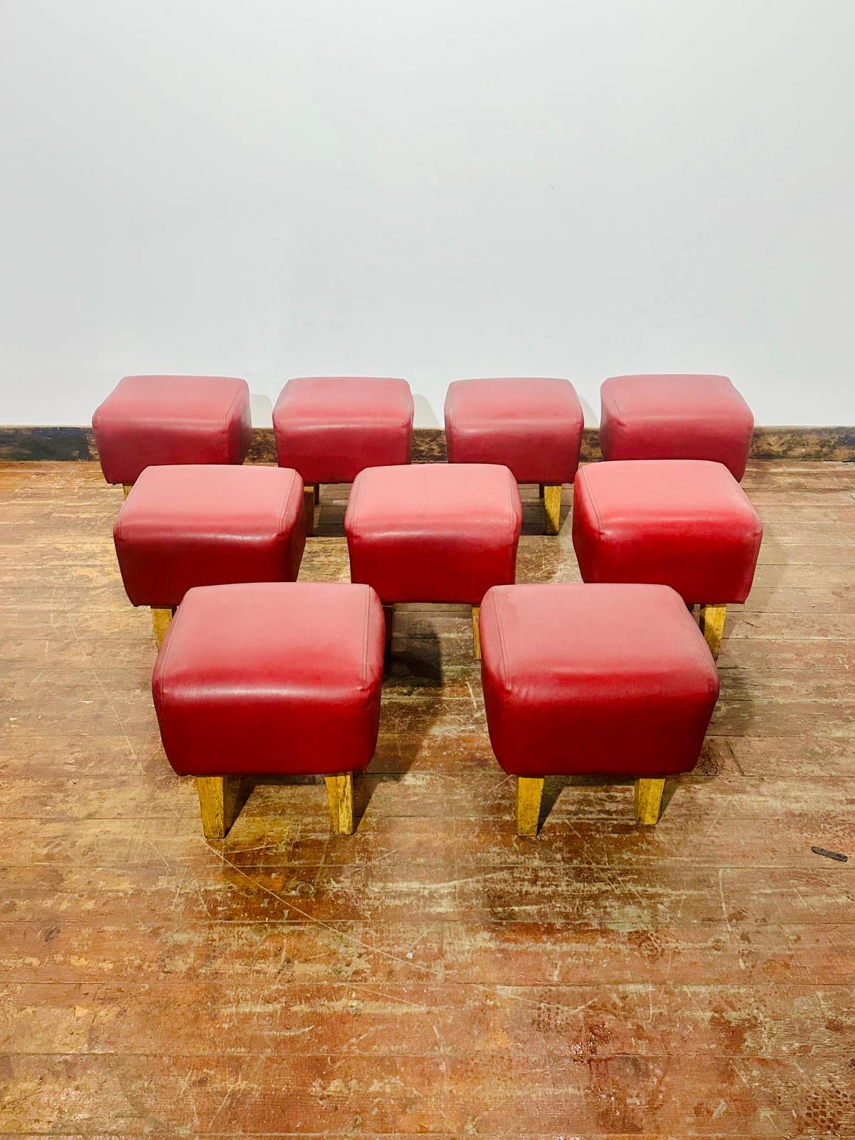 Set of 9 Red Leather Effect Low Pub Bar Stools Wooden Legs