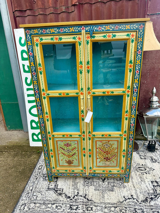 Hand Painted Floral Glass Display Cabinet with Double Doors and Shelves