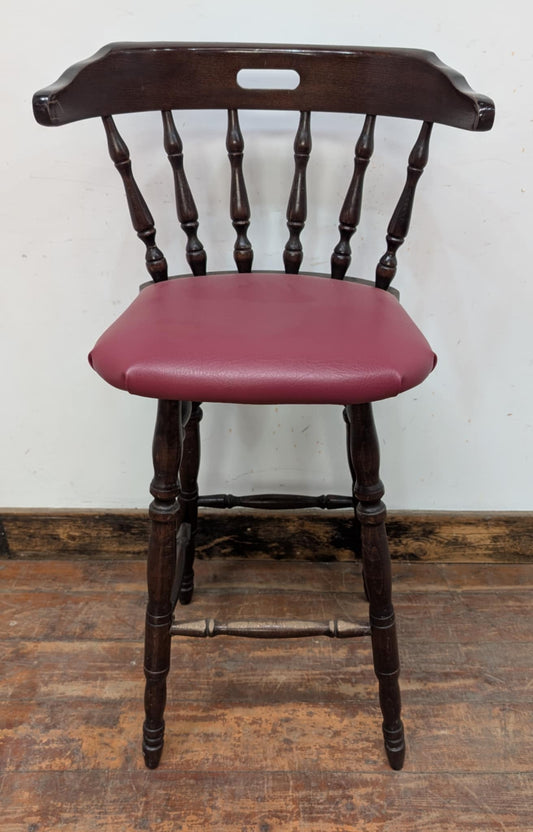 Single Bar Stool / Red Faux Leather Seat / Dark Wood Finish