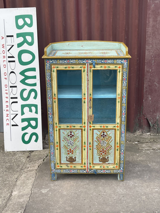 Hand Painted Indian Style Display Cabinet Glass Door Floral Decorative Storage