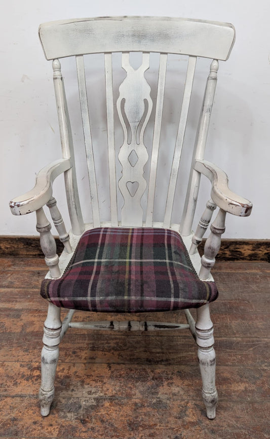 White High Back Distressed Wooden Armchair with Upholstered Seat