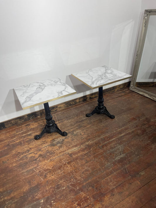 Pair of Marble Effect Bistro Tables with Ornate Black Cast Iron Bases Gold Trim
