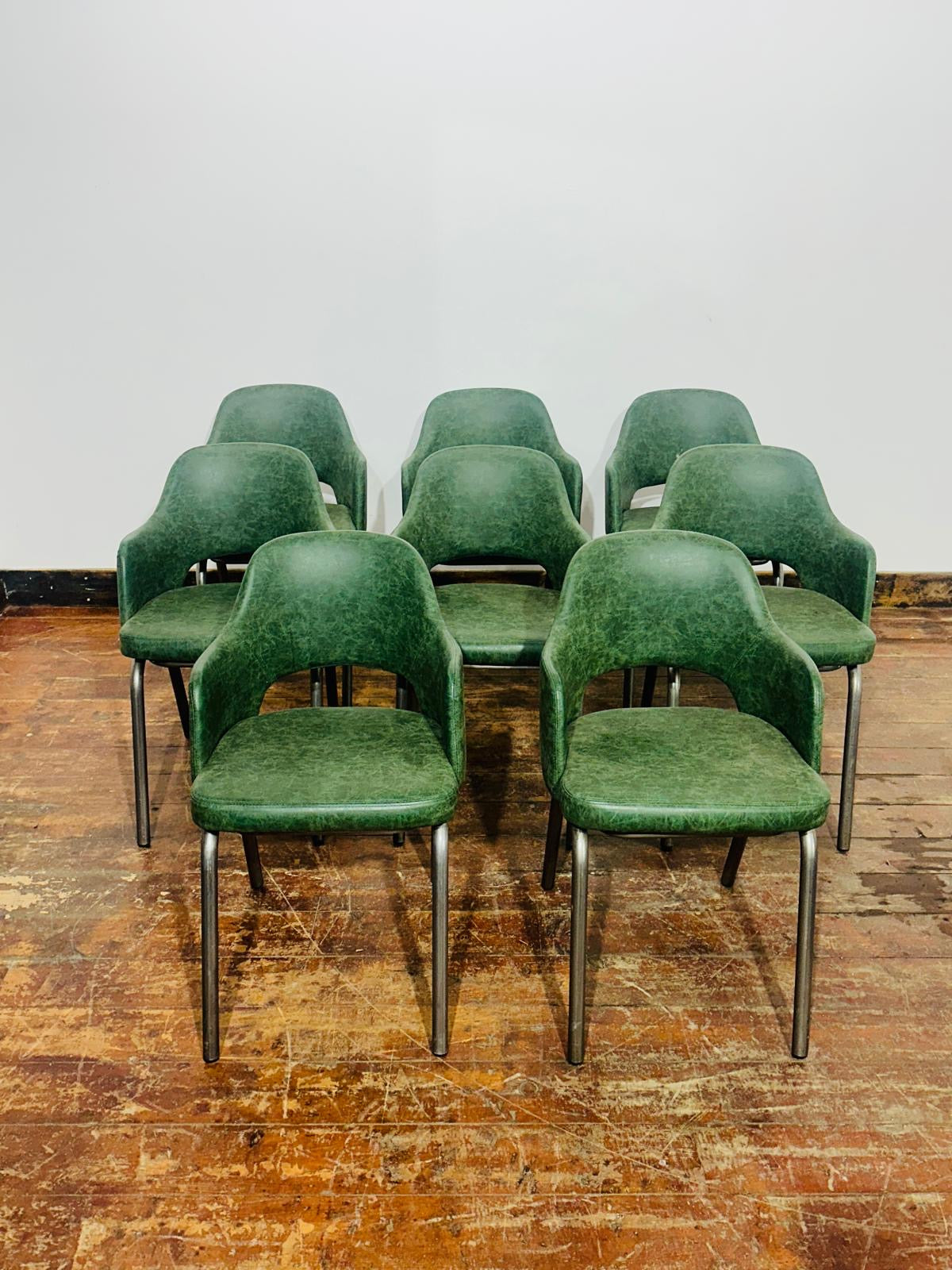 Set of 8 Green Leather Dining Chairs Armchairs Metal Legs Restaurant Cafe