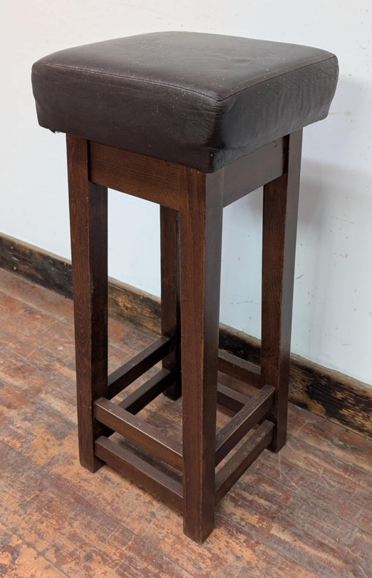 Single Square Bar Stool / Brown Faux Leather Seat / Medium Wood Frame