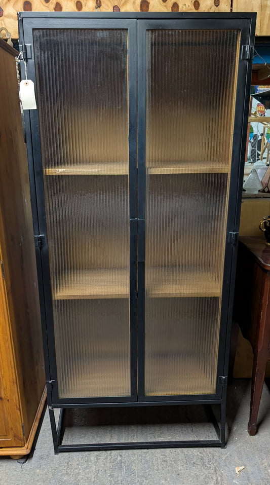 Standing Cabinet with Reeded Glass Doors / Metal Frame / Wood panels