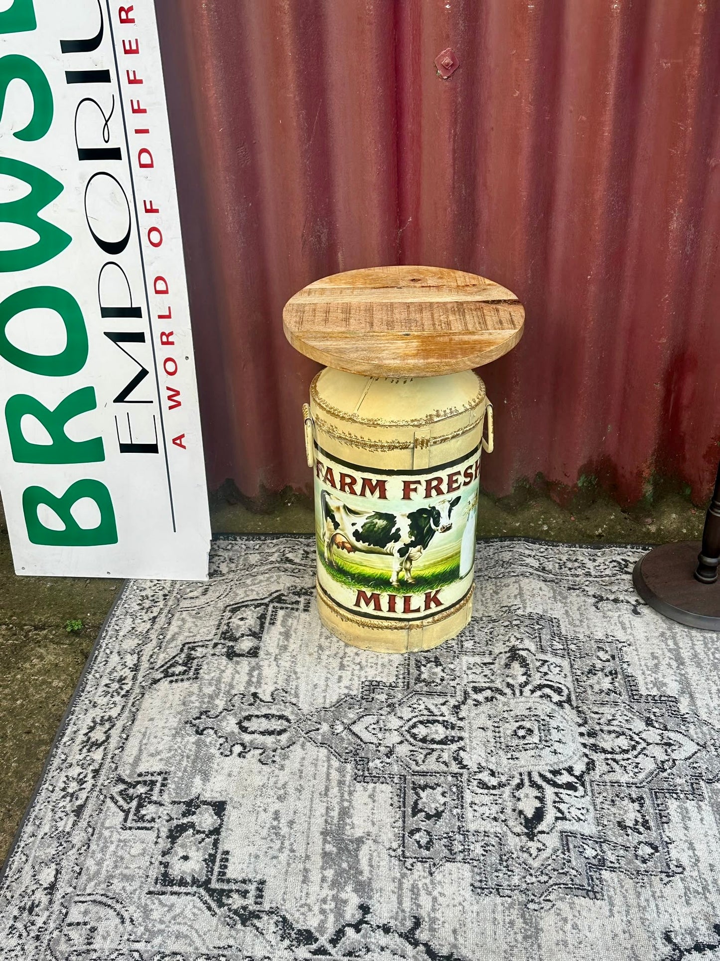 Farm Fresh Milk Decorative Side Table with Wooden Top Rustic Farmhouse Style