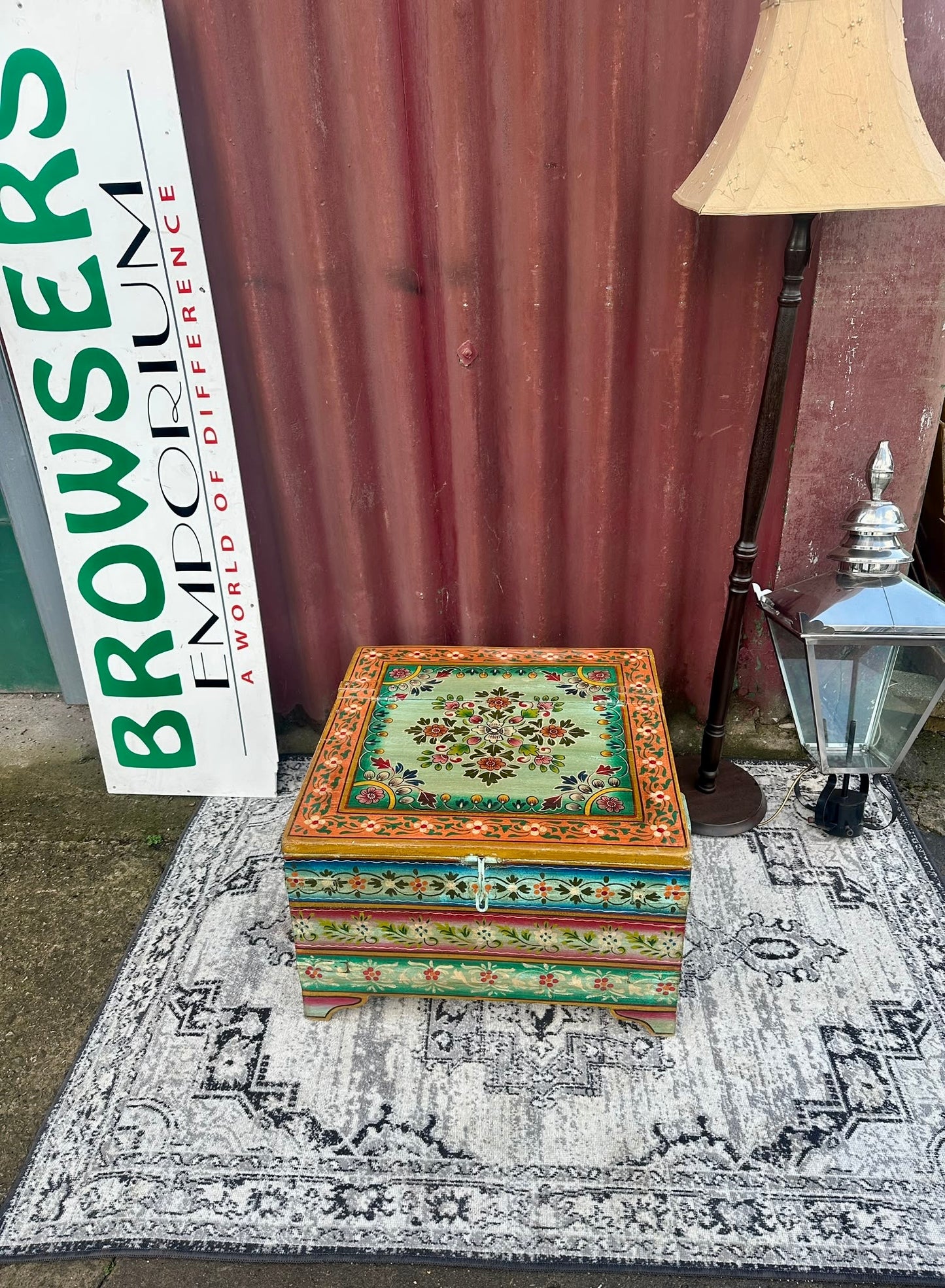 Colourful Painted Wooden Storage Chest Coffee Table with Side Handles